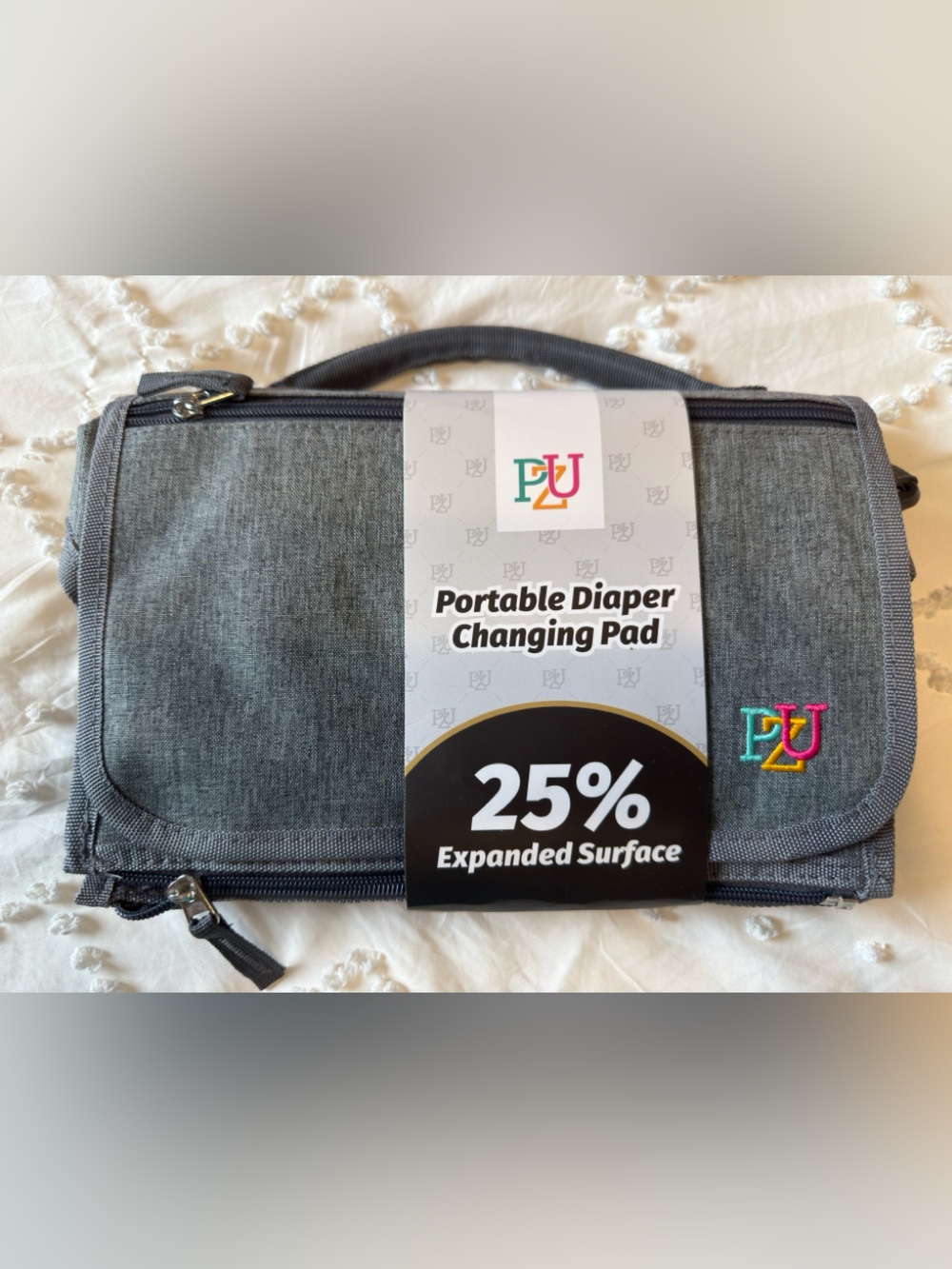 Portable Diaper Changing Pad with PU Logo - Gray with Multicolor Accent